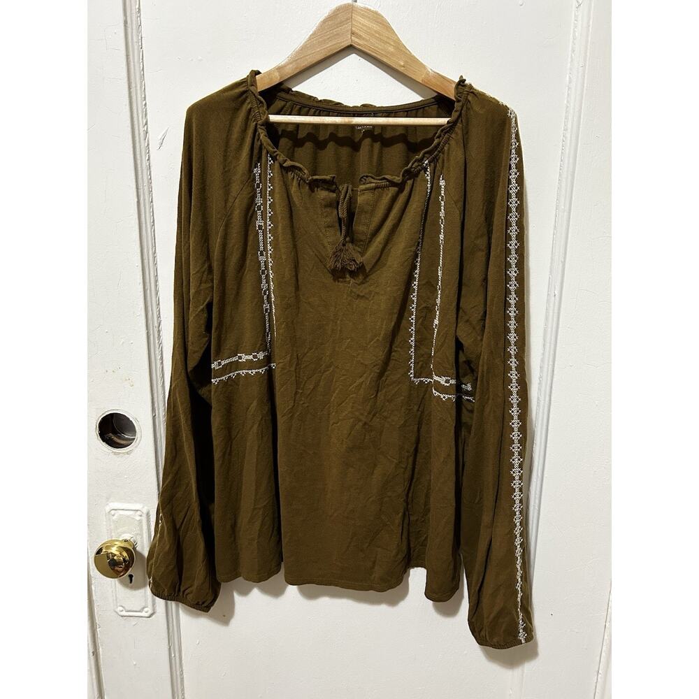 Garnet Hill Womens‎ Large Olive Green Embroidered Boho Peasant Blouse Tassel Top
